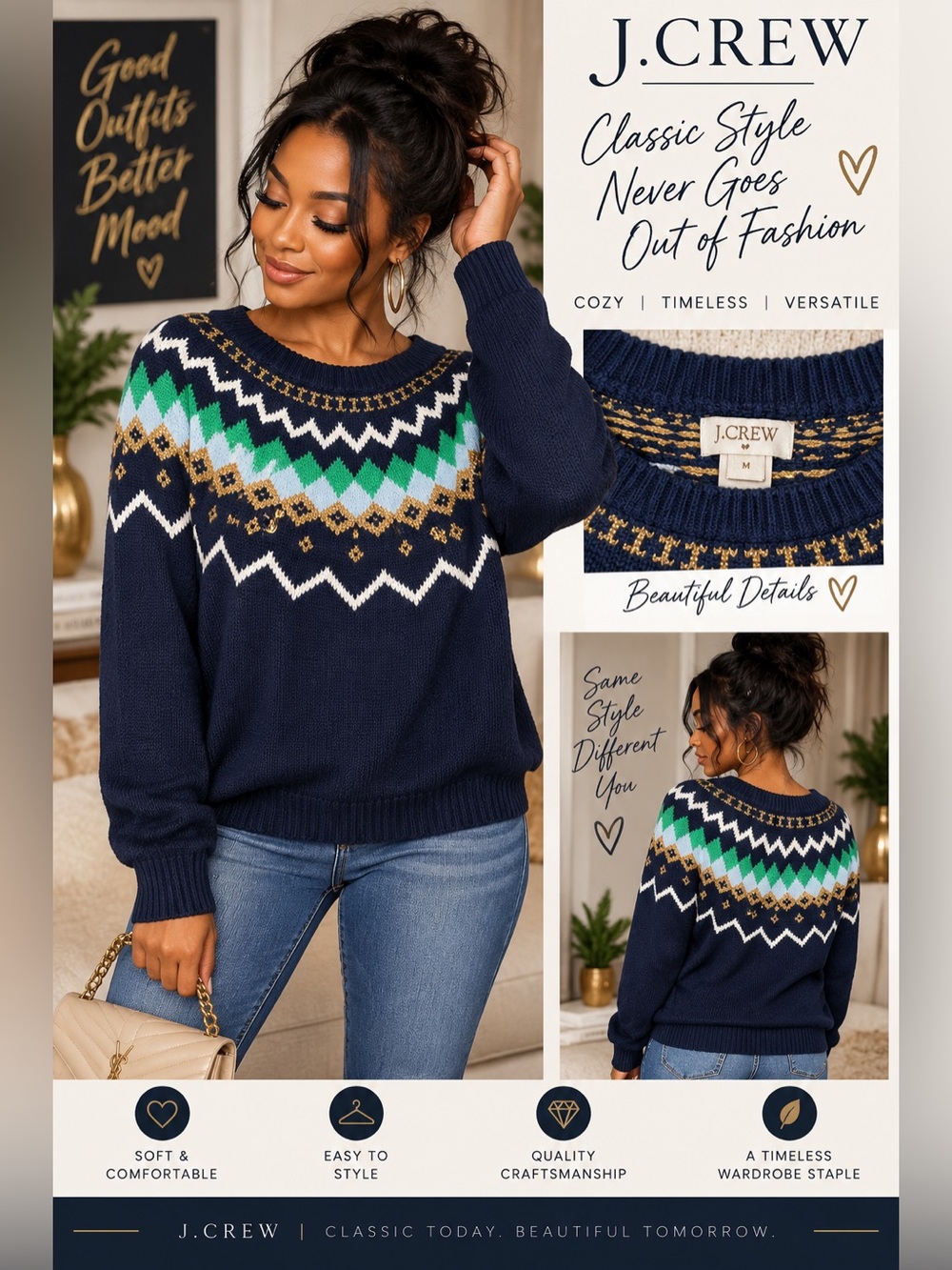 J. Crew Navy Fair Isle Crewneck Sweater - Women's size Medium
